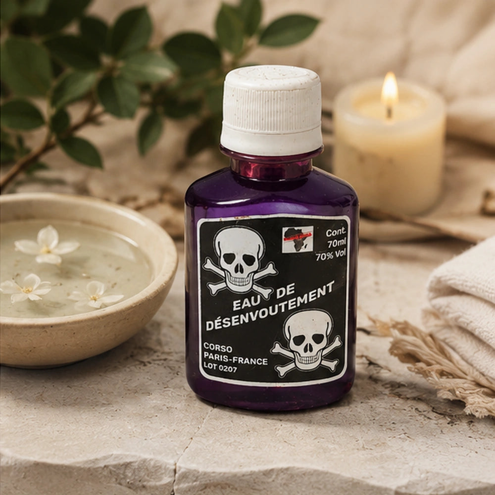 Flacon d’Eau de Désenvoutement présenté dans une ambiance de bain rituel avec bougie, eau et fleurs pour purifier les influences négatives.