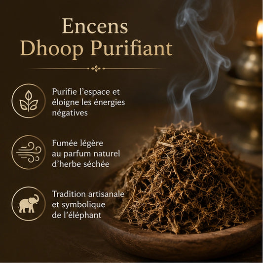 Encens Dhoop Purifiant avec fumée légère, idéal pour purifier l’espace et éloigner les énergies négatives.