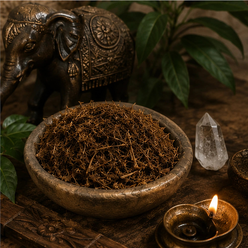 Encens Dhoop Purifiant en mise en scène premium avec éléphant, cristal et lumière de rituel purificateur.