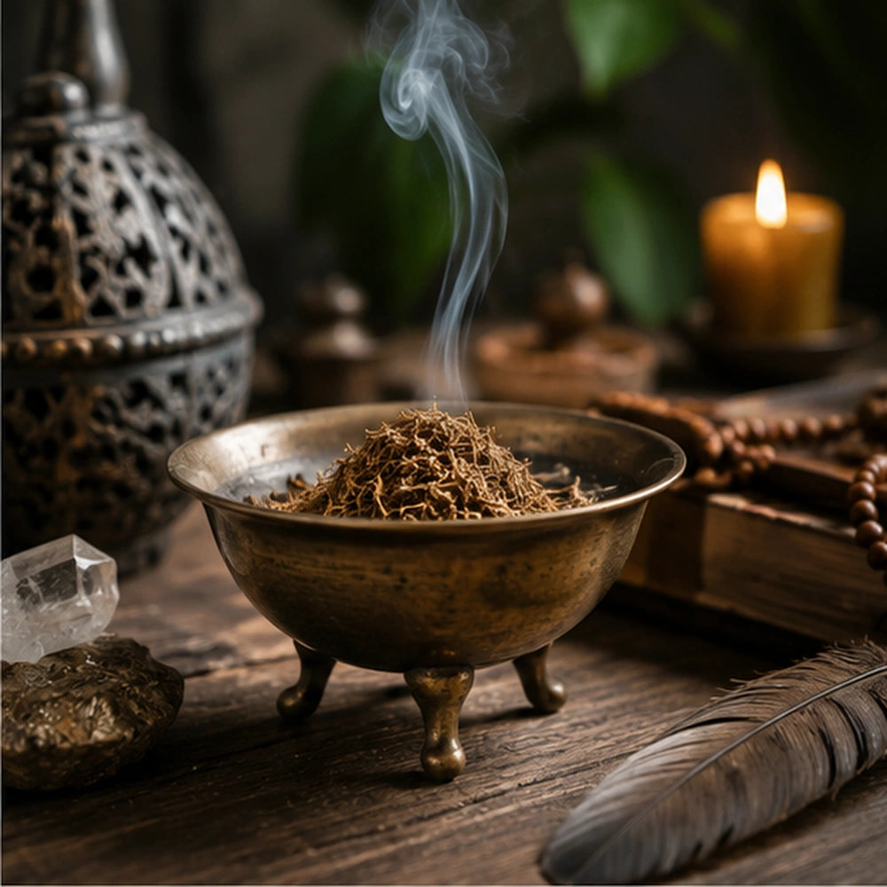 Encens Dhoop Purifiant présenté dans une coupe rituelle, avec fumée douce, bougie et ambiance spirituelle.