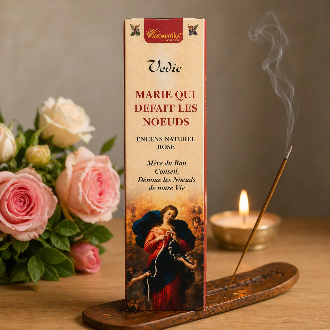 Encens Marie qui défait les nœuds qui brule dans un encensoir