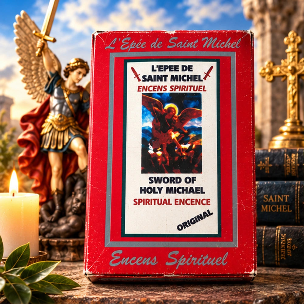 Encens L’Épée de Saint Michel dans son emballage rouge d’origine, présenté dans un décor spirituel de protection.