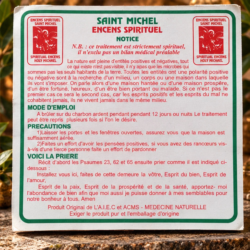 Face Mise en garde de l’Encens L’Épée de Saint Michel avec recommandations et mentions originales clairement visibles.