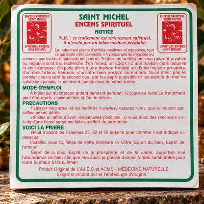 Face Mise en garde de l’Encens L’Épée de Saint Michel avec recommandations et mentions originales clairement visibles.