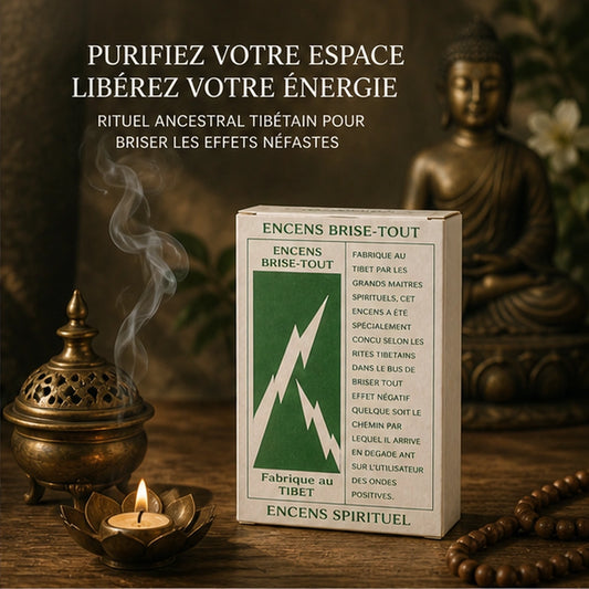 Encens Brise Tout présenté dans un décor rituel tibétain avec fumée purifiante, fleurs blanches et ambiance spirituelle.