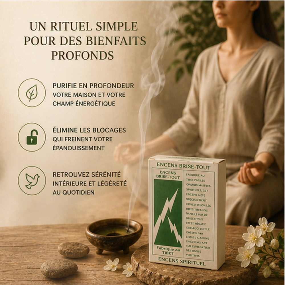 Rituel de purification avec l’Encens spirituel Brise Tout pour nettoyer l’espace, libérer les blocages et retrouver la sérénité.