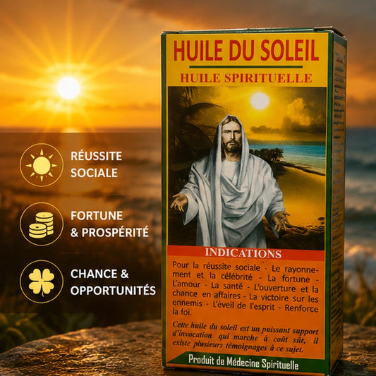 Boîte Huile Spirituelle du Soleil mise en scène au lever du soleil avec bénéfices de réussite sociale et prospérité
