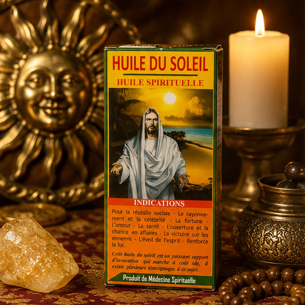 Boîte Huile Spirituelle du Soleil dans une ambiance mystique dorée avec bougie, symbole solaire et rituel spirituel.