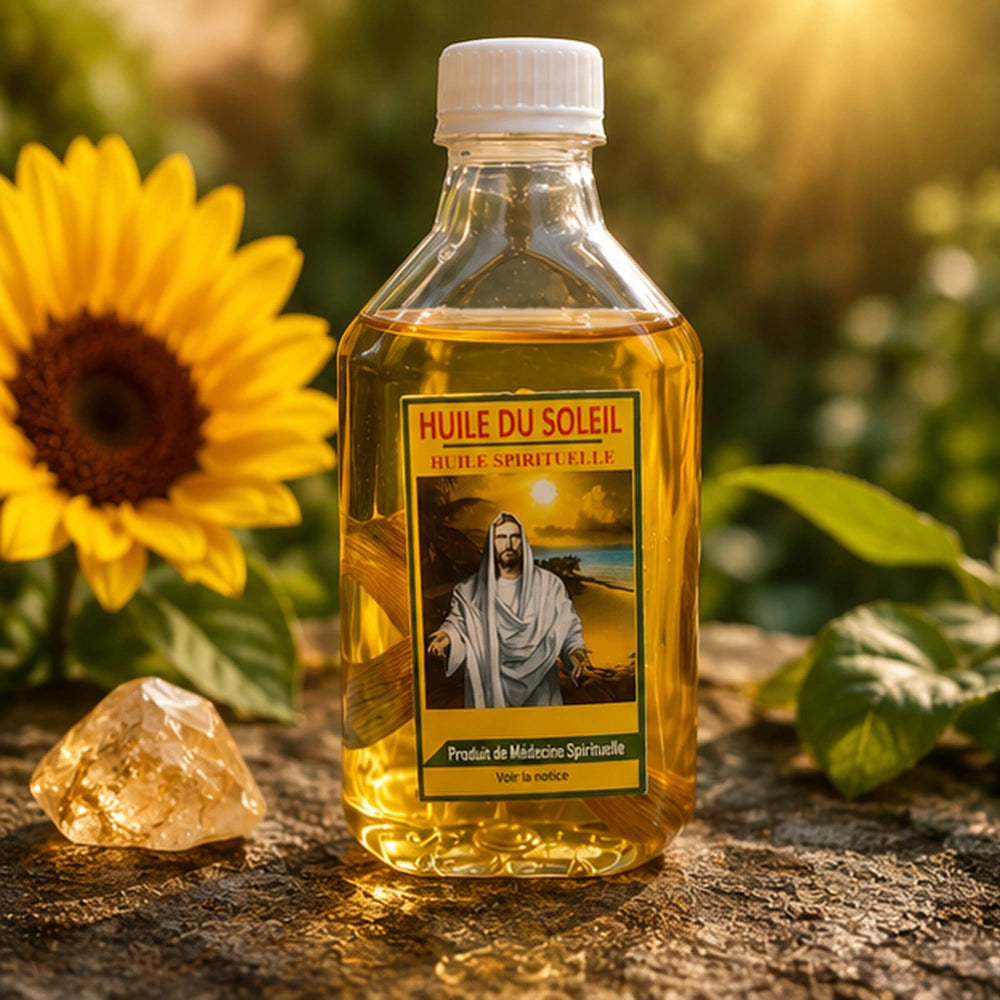 Bouteille Huile Spirituelle du Soleil éclairée par une lumière naturelle avec tournesol et cristal de prospérité.