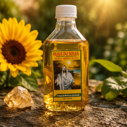 Bouteille Huile Spirituelle du Soleil éclairée par une lumière naturelle avec tournesol et cristal de prospérité.