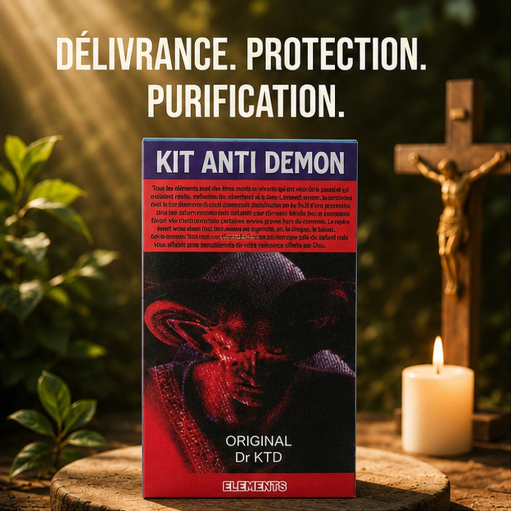 Boîte Kit Anti Démon posée dans une ambiance lumineuse avec bougie, croix et slogan de délivrance.