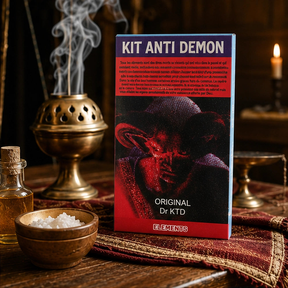 Kit Anti Démon présenté avec encens, sel et huile rituelle dans une scène de purification.