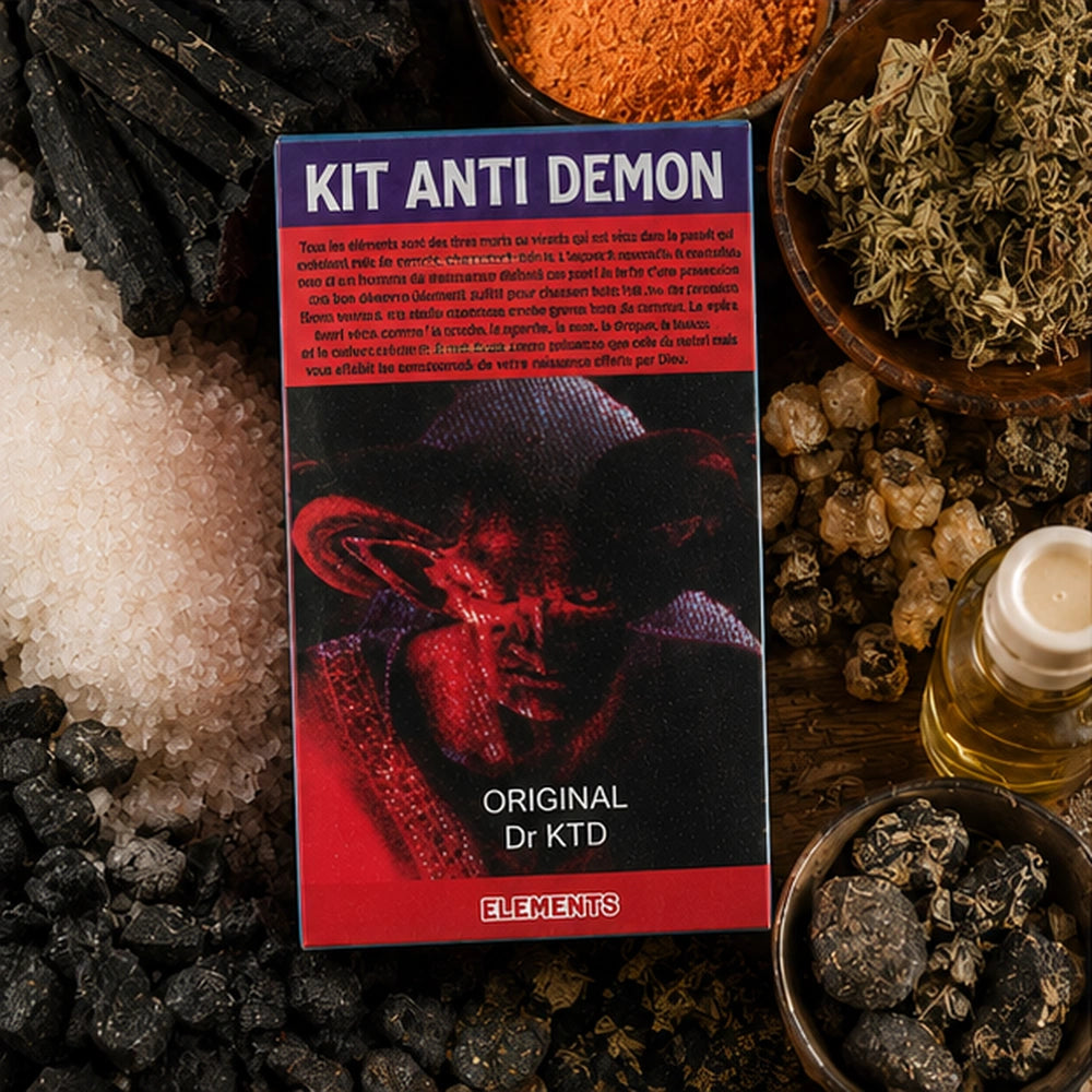 Gros plan du Kit Anti Démon entouré de sel, charbon et éléments rituels pour la protection spirituelle