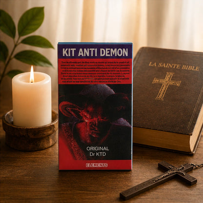 Kit Anti Démon près d’une bougie, d’une Bible et d’une croix dans une mise en scène premium apaisante