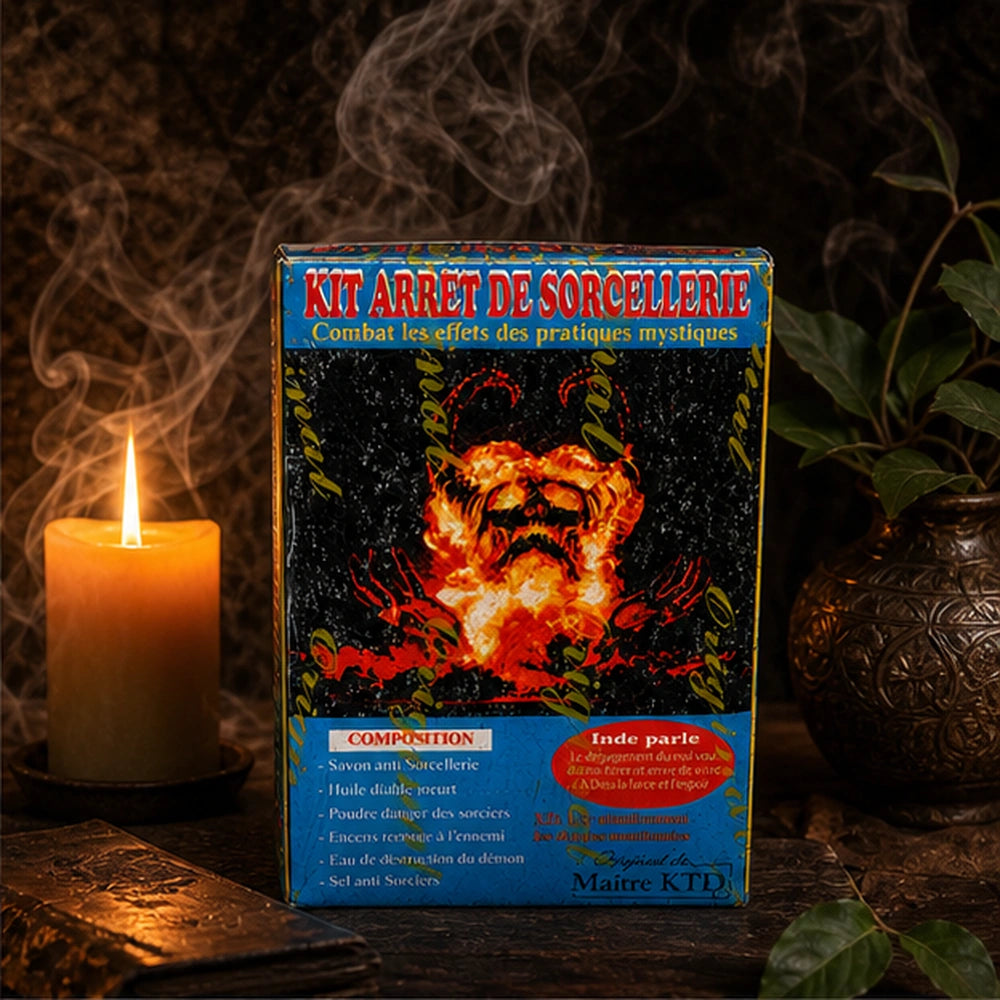 Kit arrêt de sorcellerie mis en scène dans une ambiance rituelle avec bougie, fumée et décor sombre