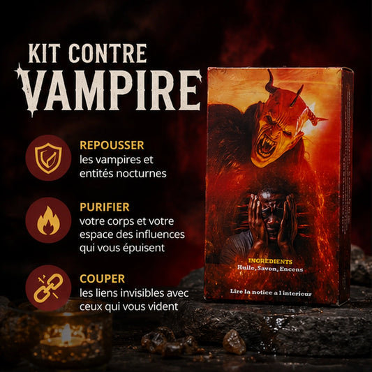 Kit contre vampire présenté dans une ambiance rituelle sombre, pour repousser les entités nocturnes, purifier les influences et couper les liens invisibles.