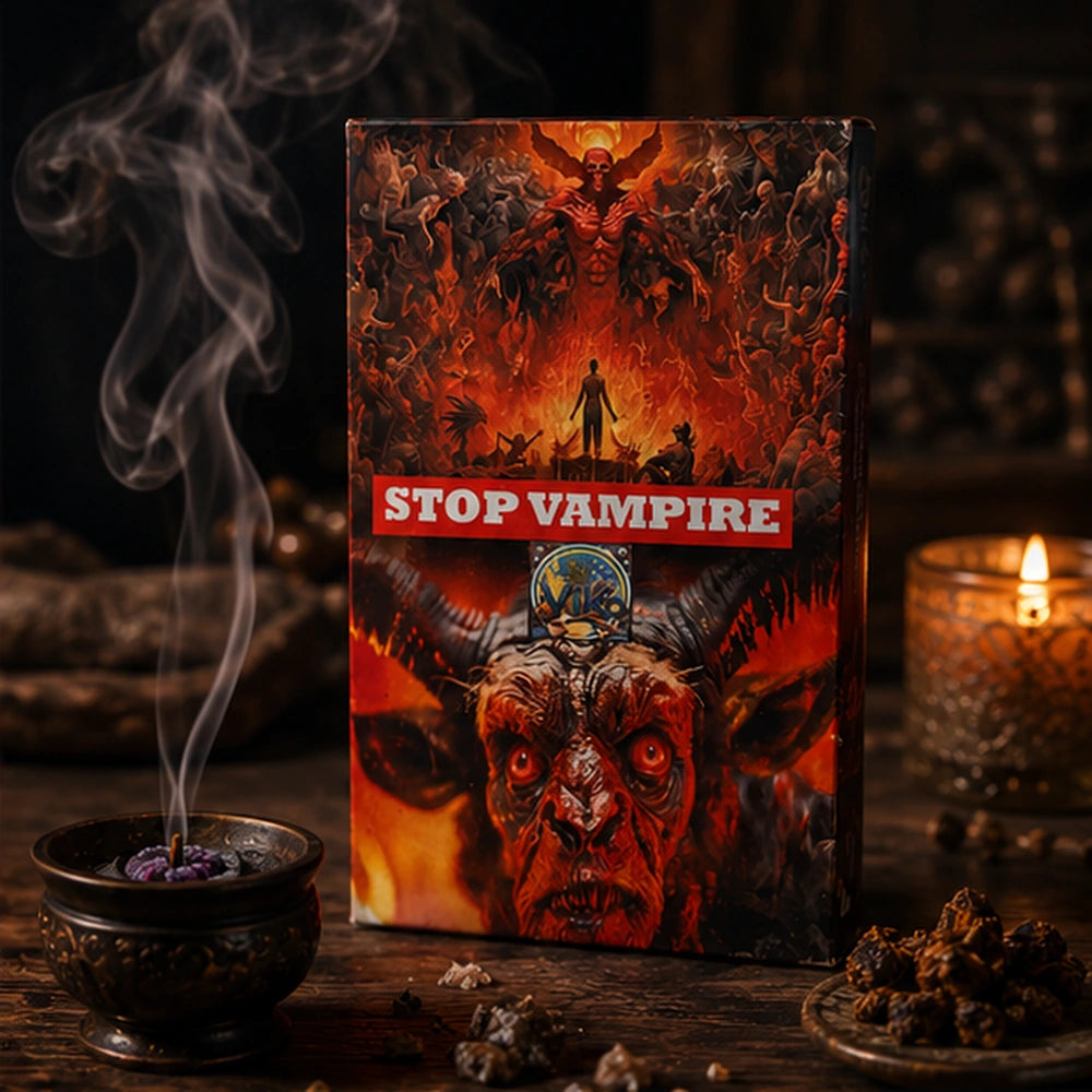 Kit contre vampire avec encens fumant et décor occulte, conçu pour assainir l’atmosphère et protéger l’espace des influences nocturnes