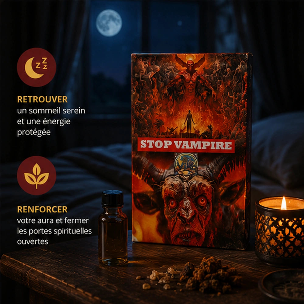 Kit contre vampire dans une ambiance nocturne avec bougie, pour retrouver un sommeil serein, renforcer l’aura et protéger son énergie