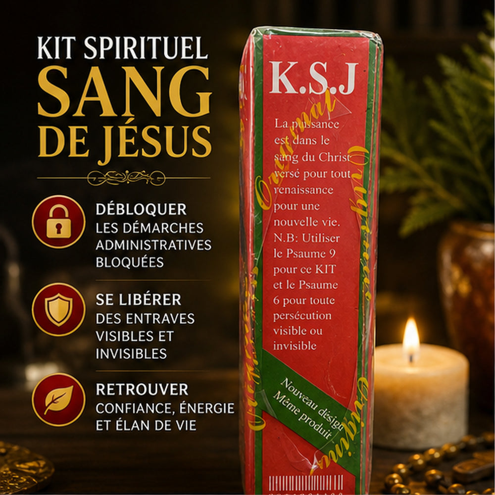 Kit Spirituel Sang de Jésus présenté sur fond rouge et doré, avec trois bénéfices : déblocage des démarches administratives, libération des entraves visibles et invisibles, confiance et élan de vie.