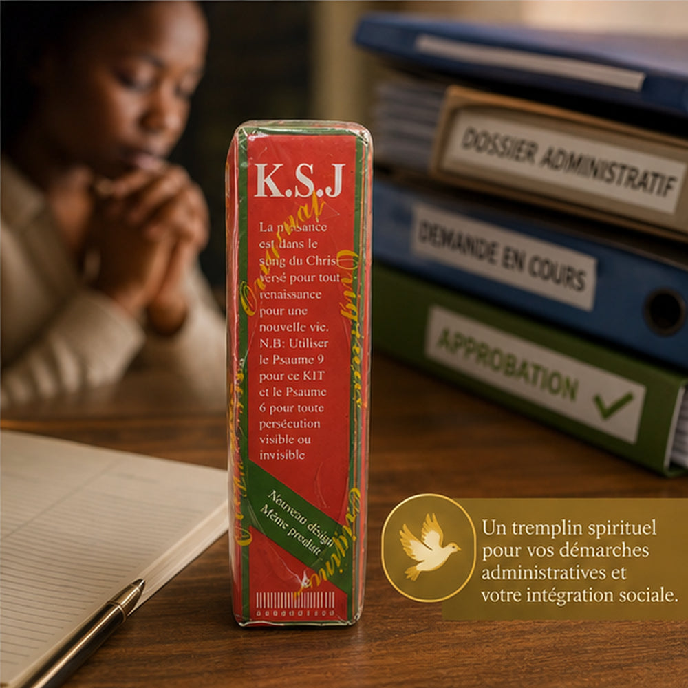 Kit Spirituel Sang de Jésus devant des dossiers administratifs stylisés, illustrant l’accompagnement des démarches bloquées vers l’ouverture et l’approbation