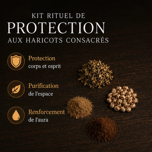 Kit rituel de protection aux haricots consacrés avec quatre petits tas d’ingrédients sur bois sombre.