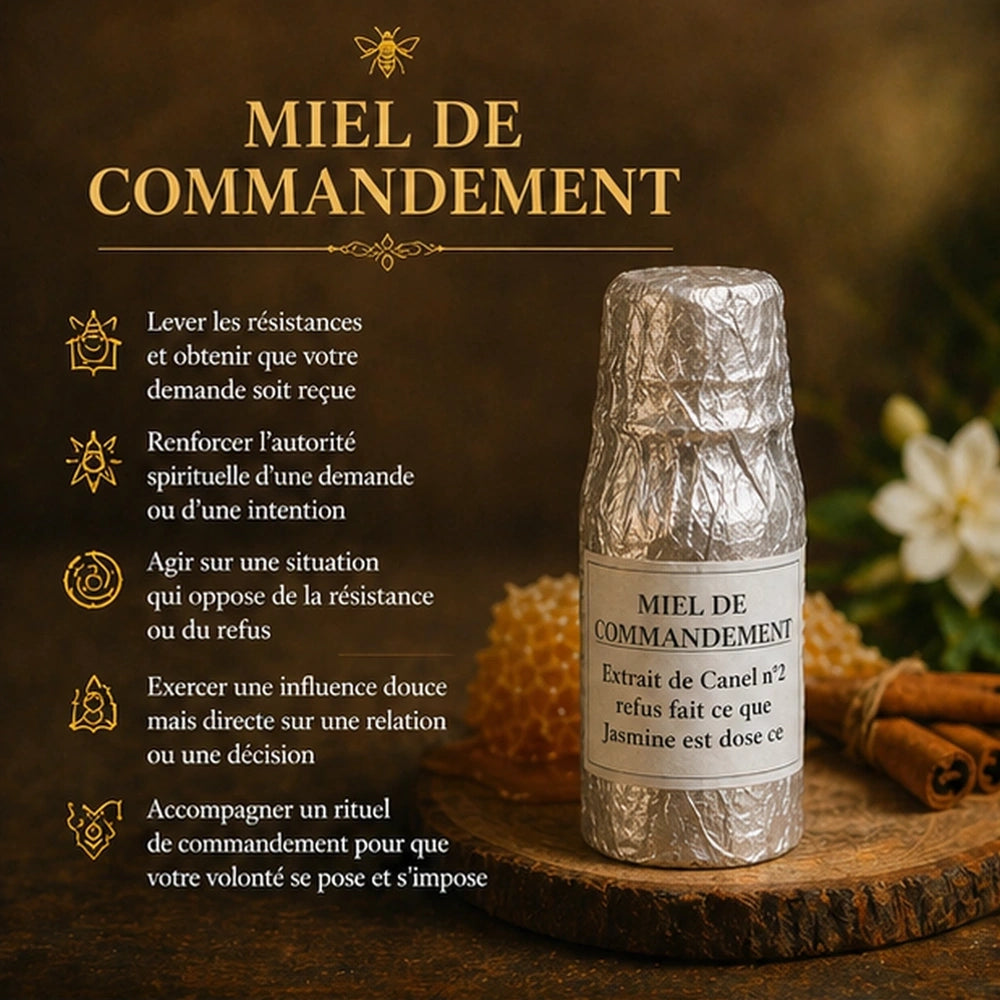 Miel de Commandement en flacon enveloppé d’aluminium froissé, présenté avec cannelle, jasmin et miel, accompagné de ses bienfaits spirituels pour lever les résistances.