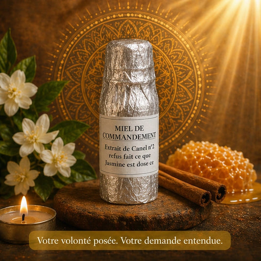 Flacon de Miel de Commandement entouré de jasmin, cannelle, miel et bougie, pour accompagner les rituels visant à faire entendre une demande