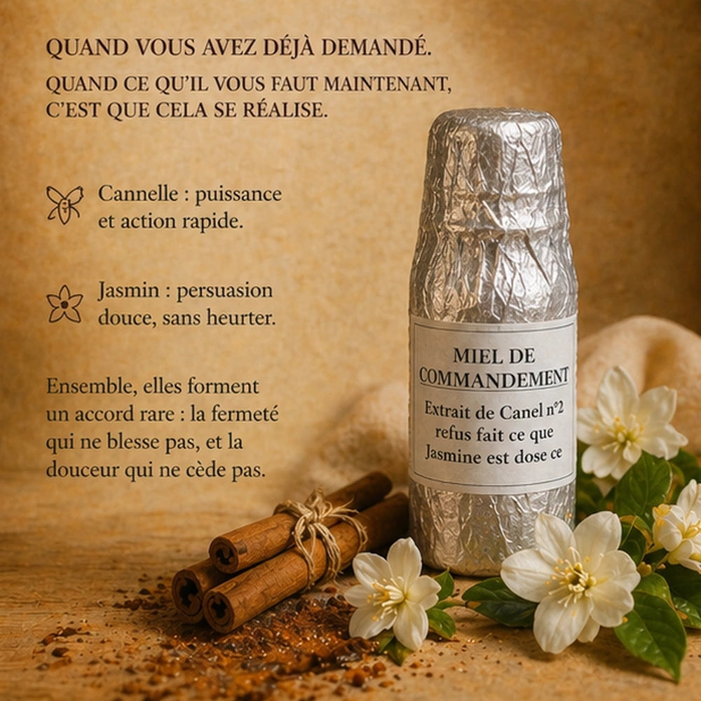Miel de Commandement avec cannelle et fleurs de jasmin, symbole d’autorité spirituelle, de persuasion douce et d’intention affirmée.