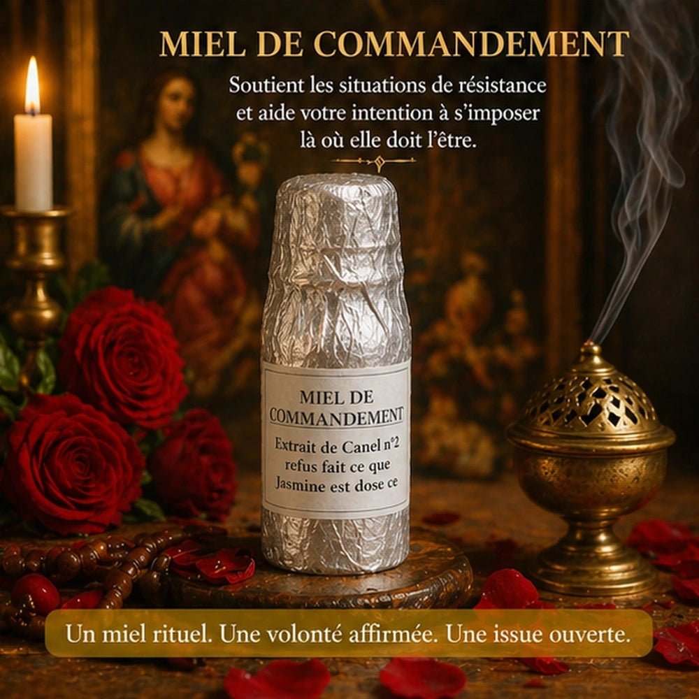 Miel de Commandement en flacon enveloppé d’aluminium froissé, présenté avec cannelle, jasmin et miel, accompagné de ses bienfaits spirituels pour lever les résistances.