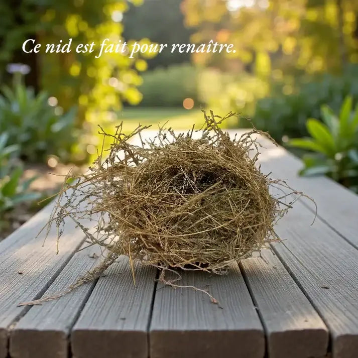 un nid d'oiseau posé sur une table de jardin