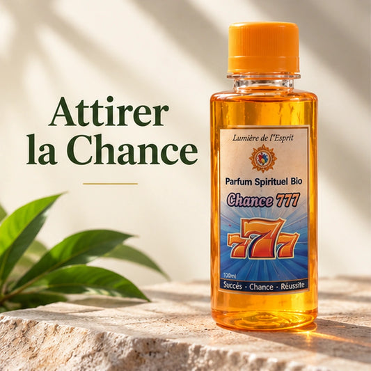 Parfum Spirituel Chance 777 présenté sur fond clair et naturel avec l’accroche « Attirer la Chance ».