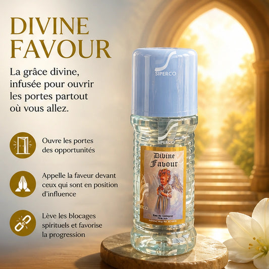 Parfum Divine Favour présenté dans une lumière dorée, avec trois bénéfices : ouvrir les portes des opportunités, appeler la faveur et lever les blocages spirituels