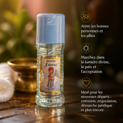 Flacon Divine Favour dans une scène de bain spirituel dorée, évoquant les bonnes personnes, la lumière divine et les nouveaux départs