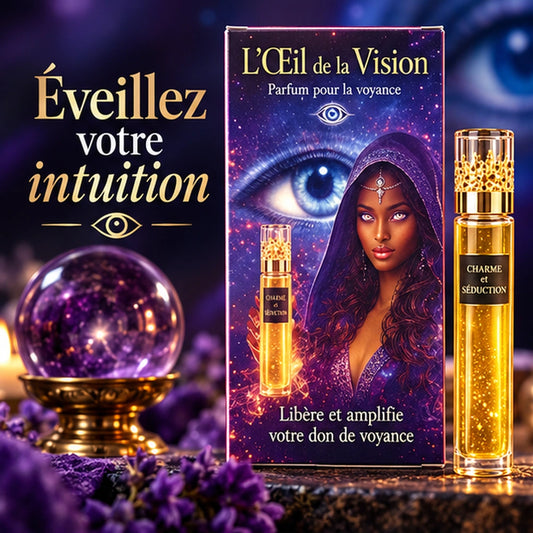 Boîte du parfum spirituel L’Œil de la Vision et flacon Charme et Séduction, avec boule de cristal et fleurs violettes.