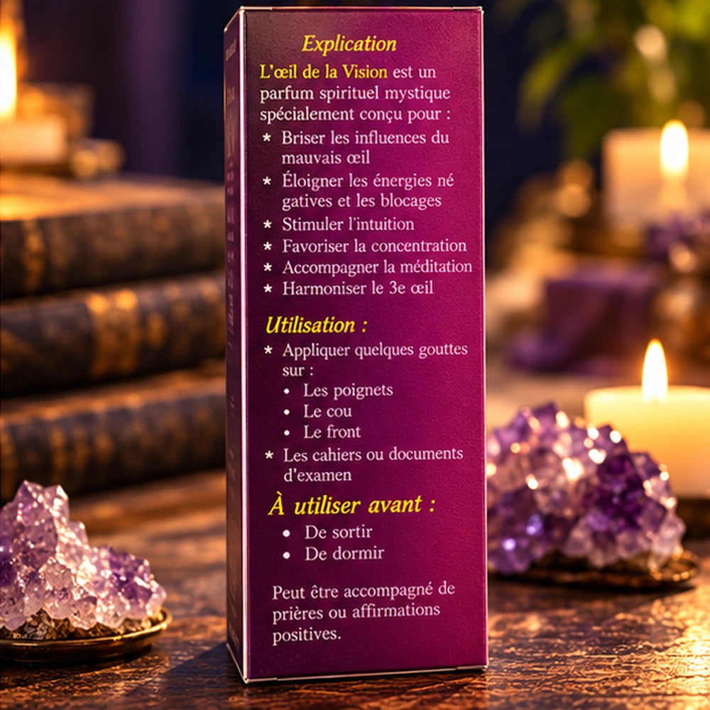 Vue de la tranche de la boîte L’Œil de la Vision, présentant les explications et conseils d’utilisation dans un décor spirituel.