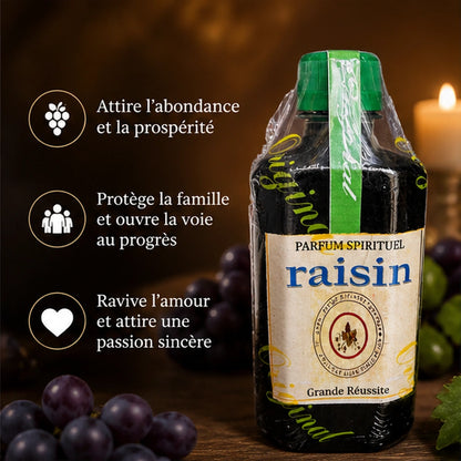 Parfum spirituel Raisin Abondance et Prospérité avec raisins, bougie et bénéfices pour attirer l’abondance, protéger la famille et raviver l’amour