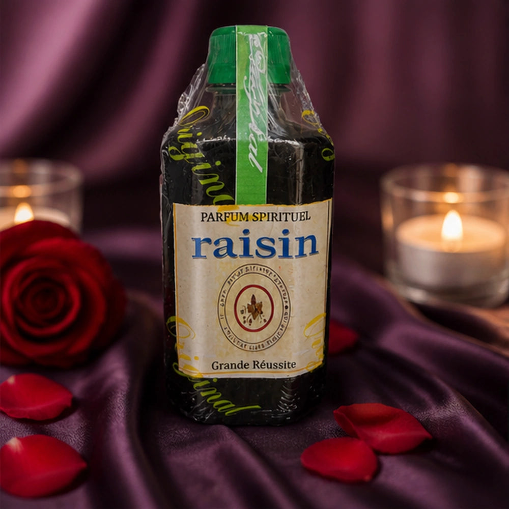 Parfum Raisin Abondance et Prospérité dans une ambiance romantique avec rose rouge, pétales et bougies pour raviver la passion sincère
