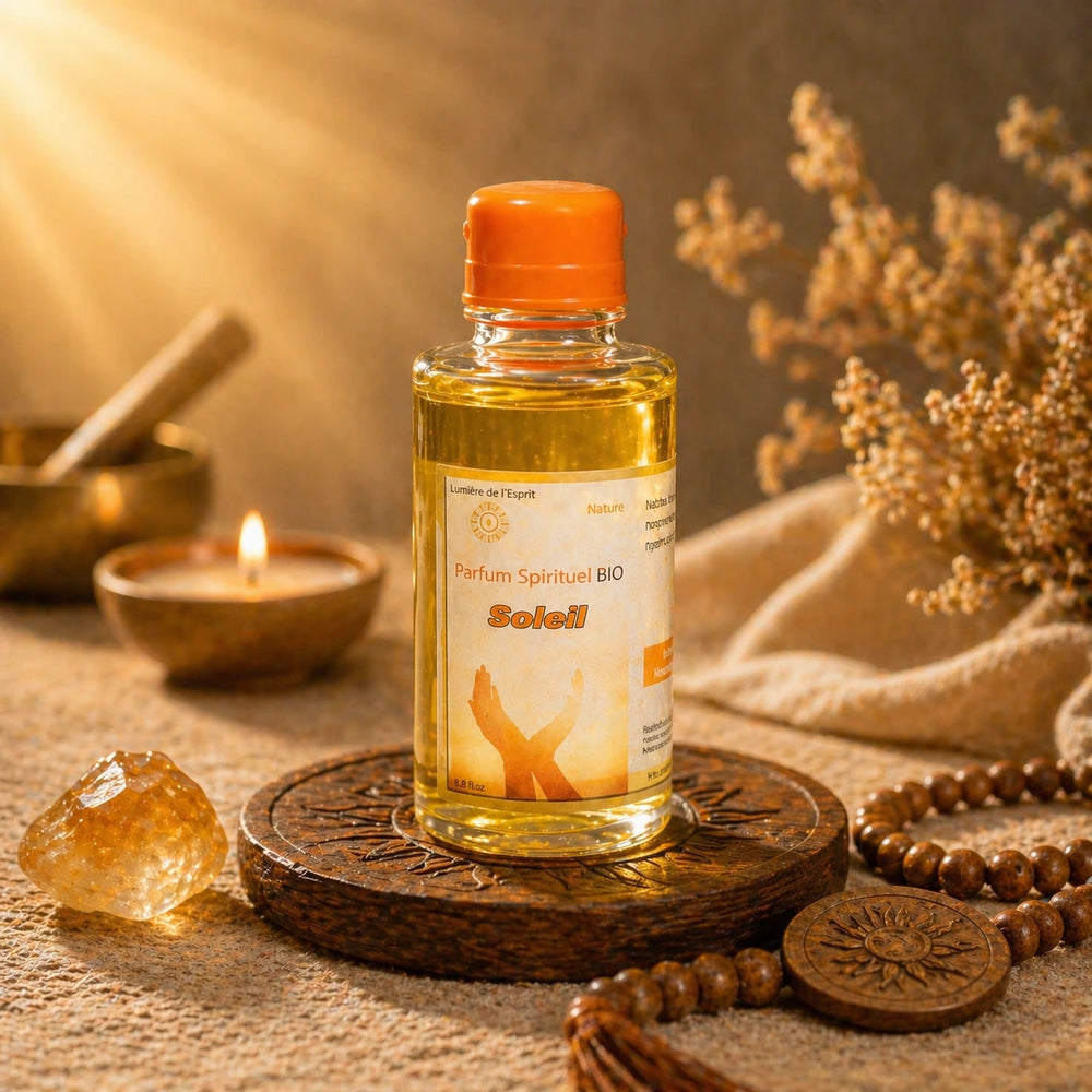 Parfum spirituel Soleil bio présenté dans une ambiance solaire avec symboles de clarté, confiance, intention et rituel naturel