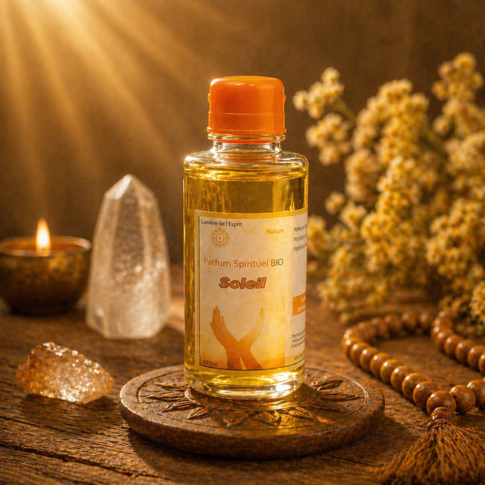 Flacon de parfum spirituel Soleil bio entouré de cristal, bougie et perles en bois dans une atmosphère solaire et apaisante