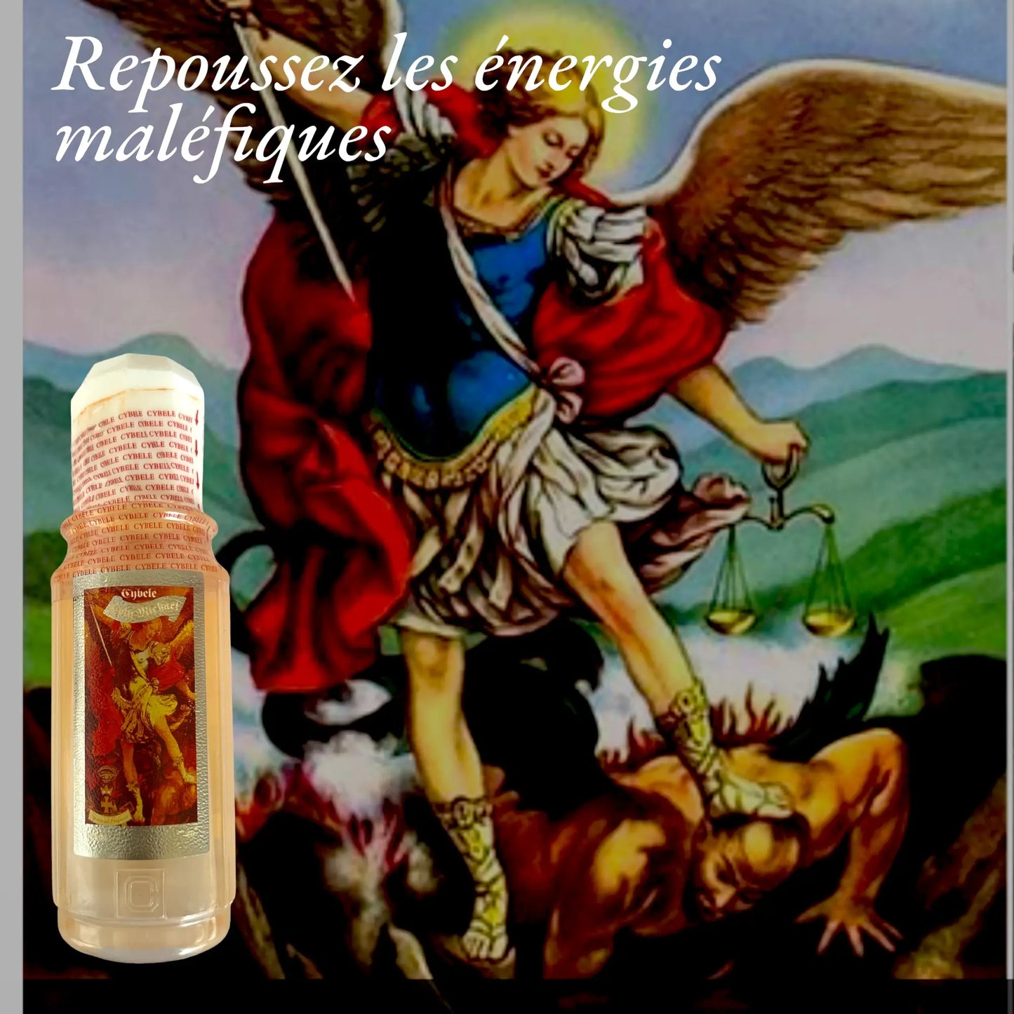 Une bouteille du parfum Saint Michel devant un tableau représentant l'Archange Saint Michel terrassant un démon. Le slogan "Repoussez les énergies maléfiques" est écrit.