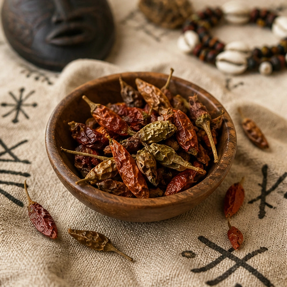 Petits piments oiseaux séchés sur un décor textile rituel clair, entourés d’une atmosphère douce évoquant la purification du corps et de l’espace
