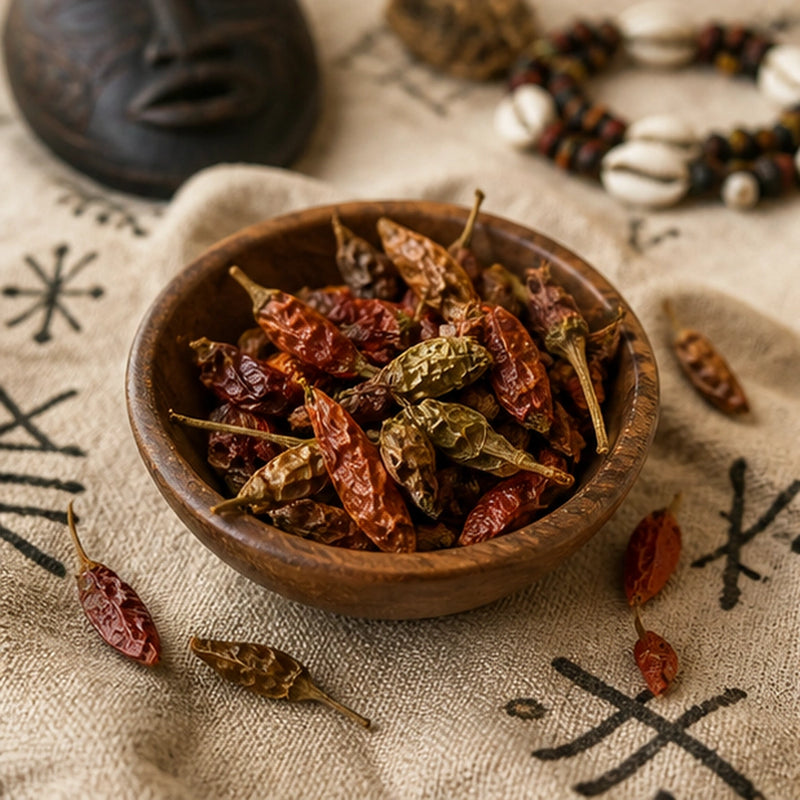 Petits piments oiseaux séchés sur un décor textile rituel clair, entourés d’une atmosphère douce évoquant la purification du corps et de l’espace