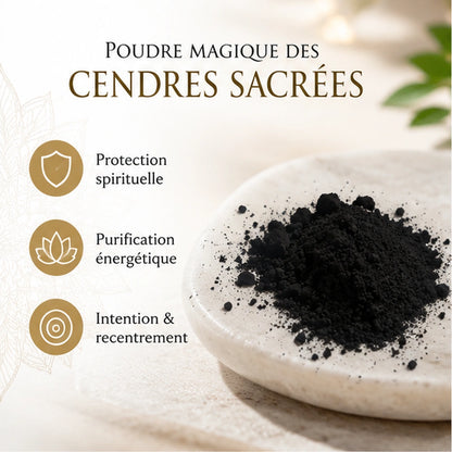 Poudre magique des Cendres Sacrées présentée en visuel clair avec bénéfices de protection et purification.