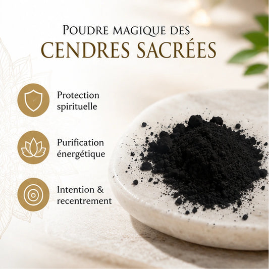 Poudre magique des Cendres Sacrées présentée en visuel clair avec bénéfices de protection et purification.