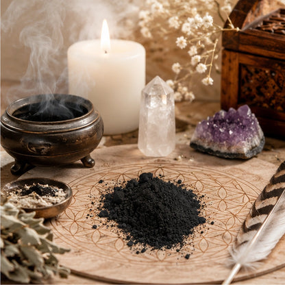 Poudre de cendres sacrées dans une scène de rituel spirituel avec bougie, encens, cristaux et ambiance chaleureuse.
