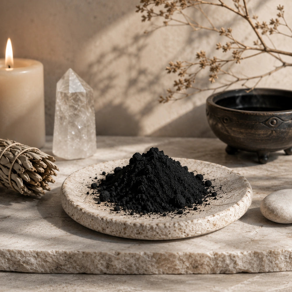 Poudre magique des Cendres Sacrées mise en scène avec sachet doré, fleurs et lumière douce pour rituel spirituel.