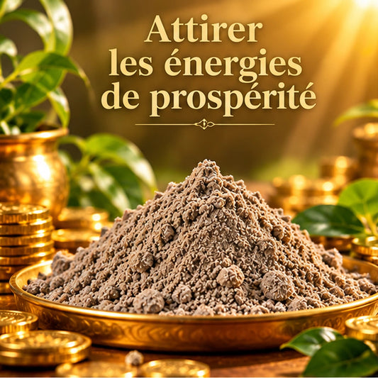 Poudre spirituelle Money Drawing sur un plateau doré, entourée de pièces et de végétation dans une ambiance de prospérité.
