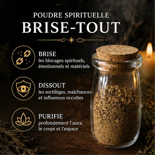 Poudre Spirituelle Brise-Tout dans un flacon en verre, présentée comme un rituel pour briser les blocages, dissoudre les influences occultes et purifier l’aura