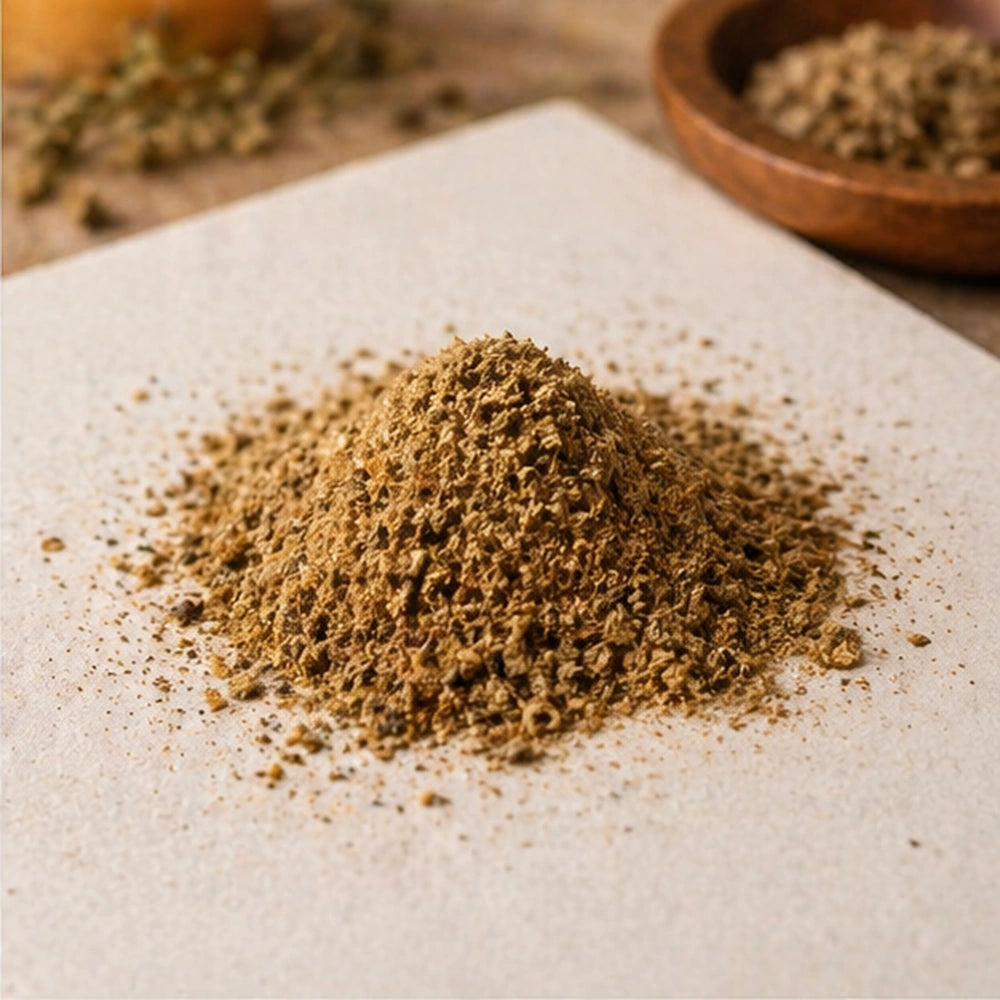 Gros plan sur la Poudre Spirituelle Brise-Tout, texture végétale fine destinée aux rituels de purification, de libération et de nouveau départ