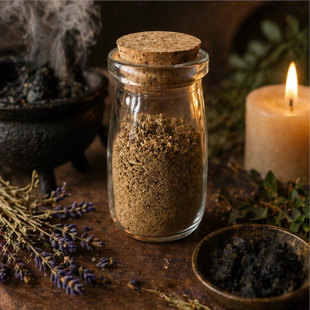 Flacon de Poudre Spirituelle Brise-Tout entouré de fumée, bougie et plantes, pour accompagner les rituels de fumigation et de purification énergétique